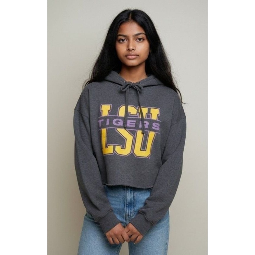 BELLA+CANVAS LSU Tigers Fleece Collection Cropped Hoodie Charcoal Size L